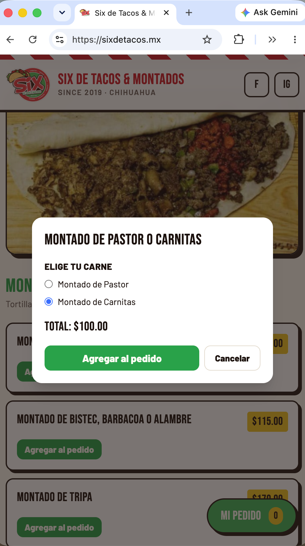 Six de Tacos: personalización de montado con elección de carne