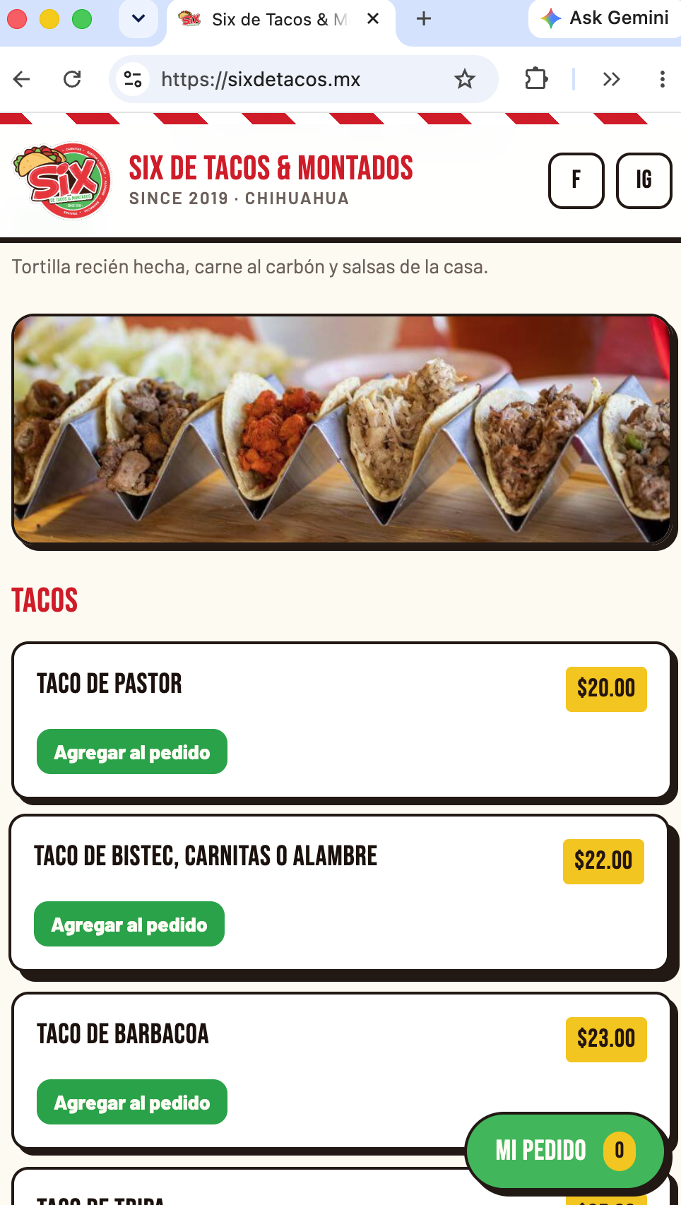 Six de Tacos: menú digital con precios y botón Agregar al pedido