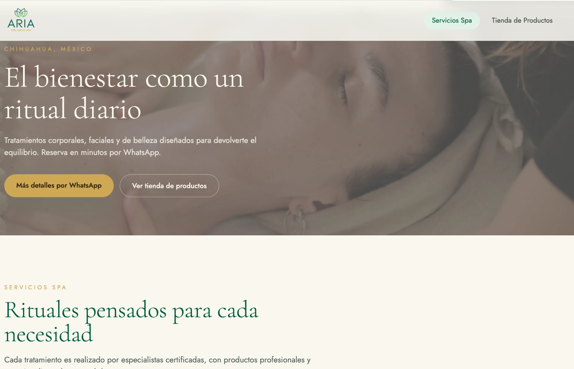 Sitio web de Aria Wellness Spa en Chihuahua