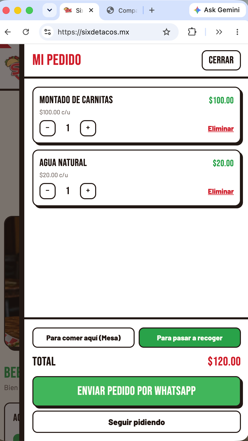 Six de Tacos: envío del pedido por WhatsApp
