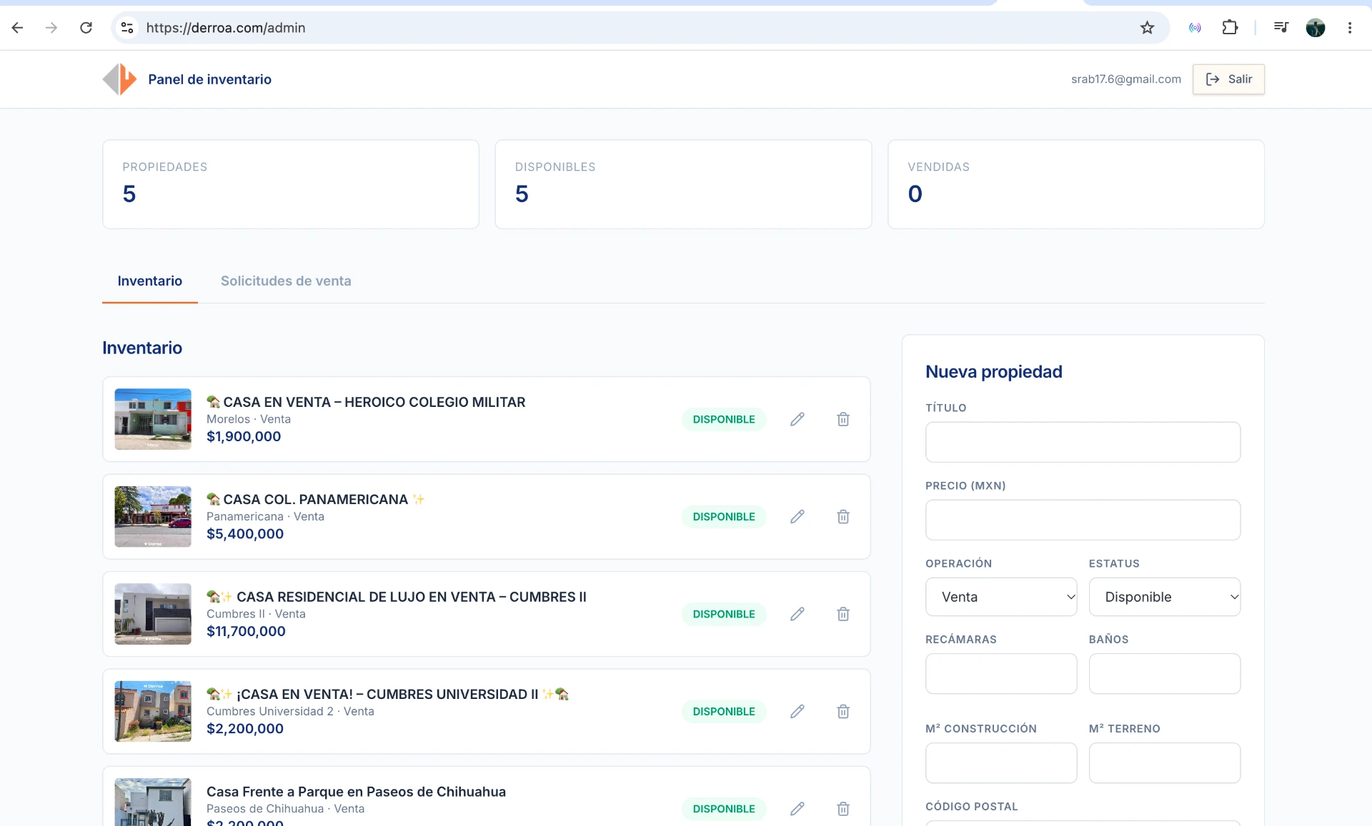 Derroa: panel de inventario y gestión de propiedades