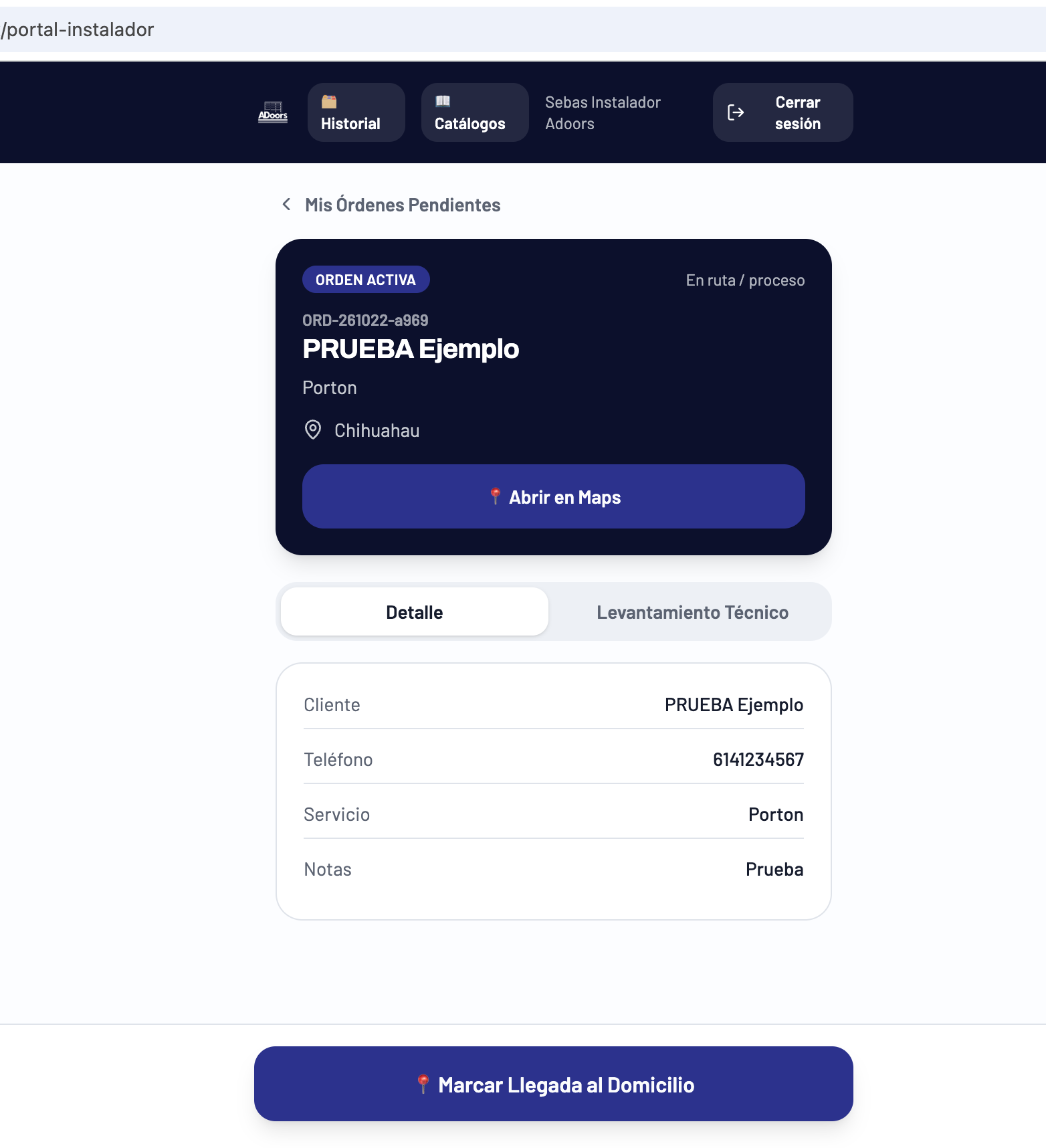 ADoors: Portal de Instalador con geolocalización — PRUEBA Ejemplo