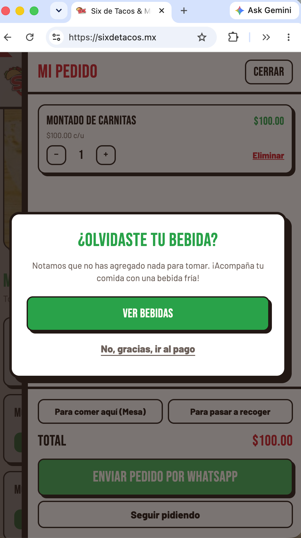 Six de Tacos: carrito Mi Pedido con sugerencia de bebidas